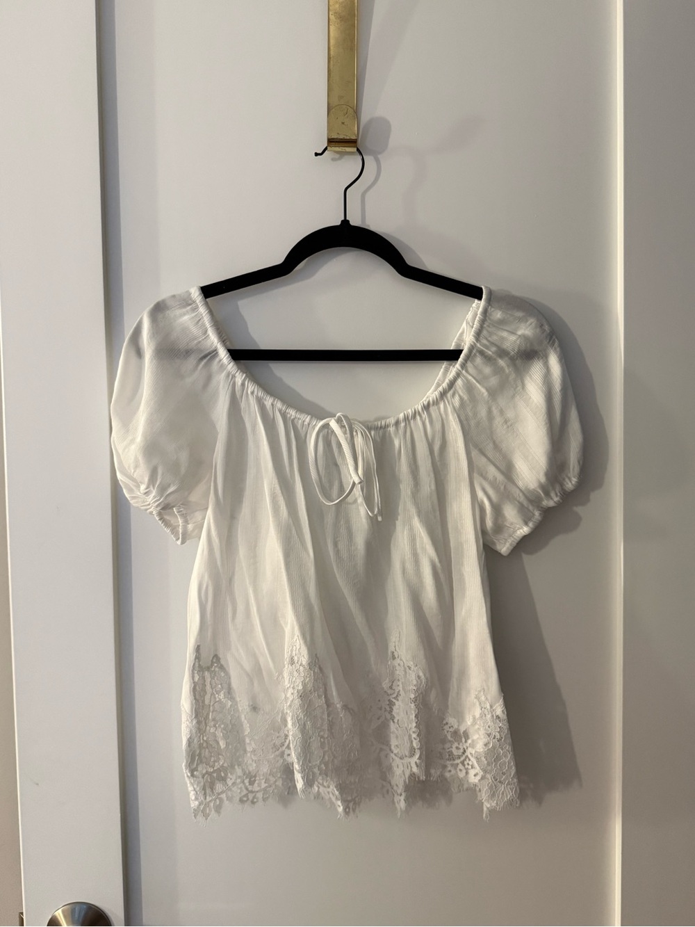 Reformation White Peasant Blouse with Lace Hem
